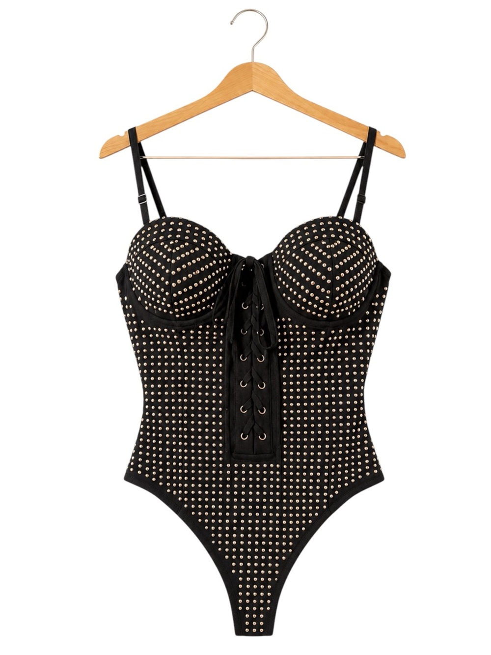 Black Gold Studded Lace Up Corset Bodysuit Glam Clubwear Medium